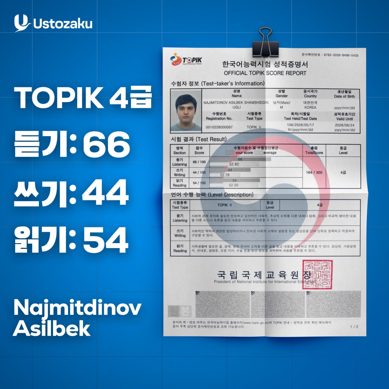 Najmitdinov Asilbek — TOPIK 4, 164/300 ball